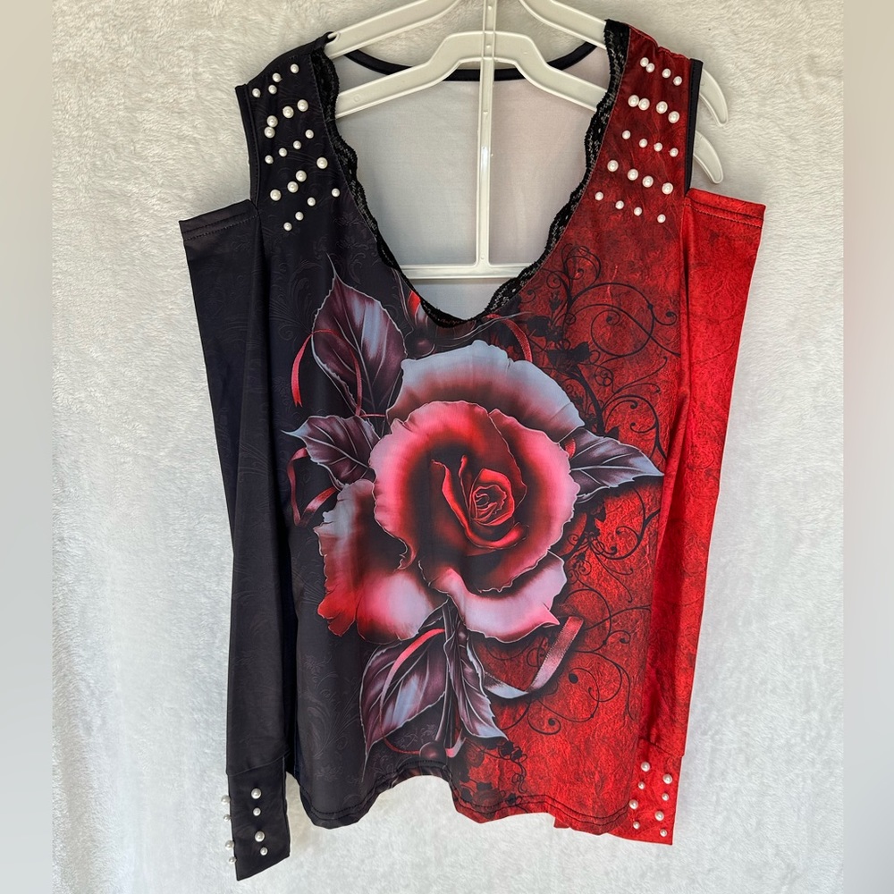 Red Black Rose Print Studded Long Sleeve Blouse Edgy Floral Top